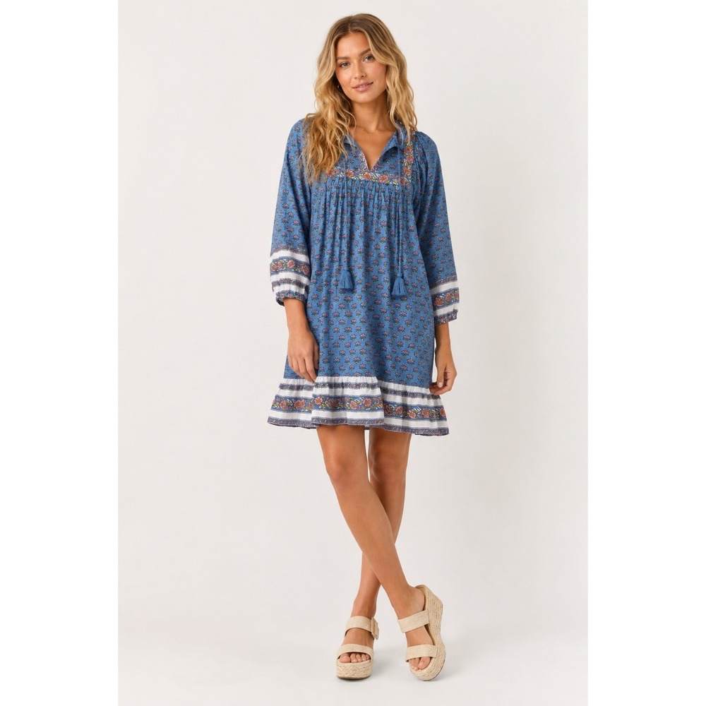 Cleobella Blue Floral Cotton Boho Mini Dress Balloon Sleeve M